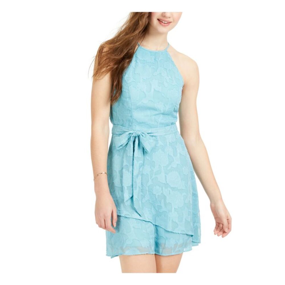 TEEZE ME Womens Fit + Flare Short Dress Blue Sleeveless Layered Tie Juniors 0